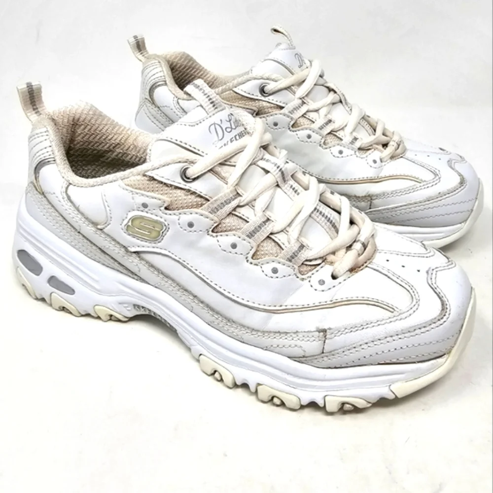 Skechers D Lites White Sneakers Leather Womens Size 6.5 Memory Foam 11931 LaceUp